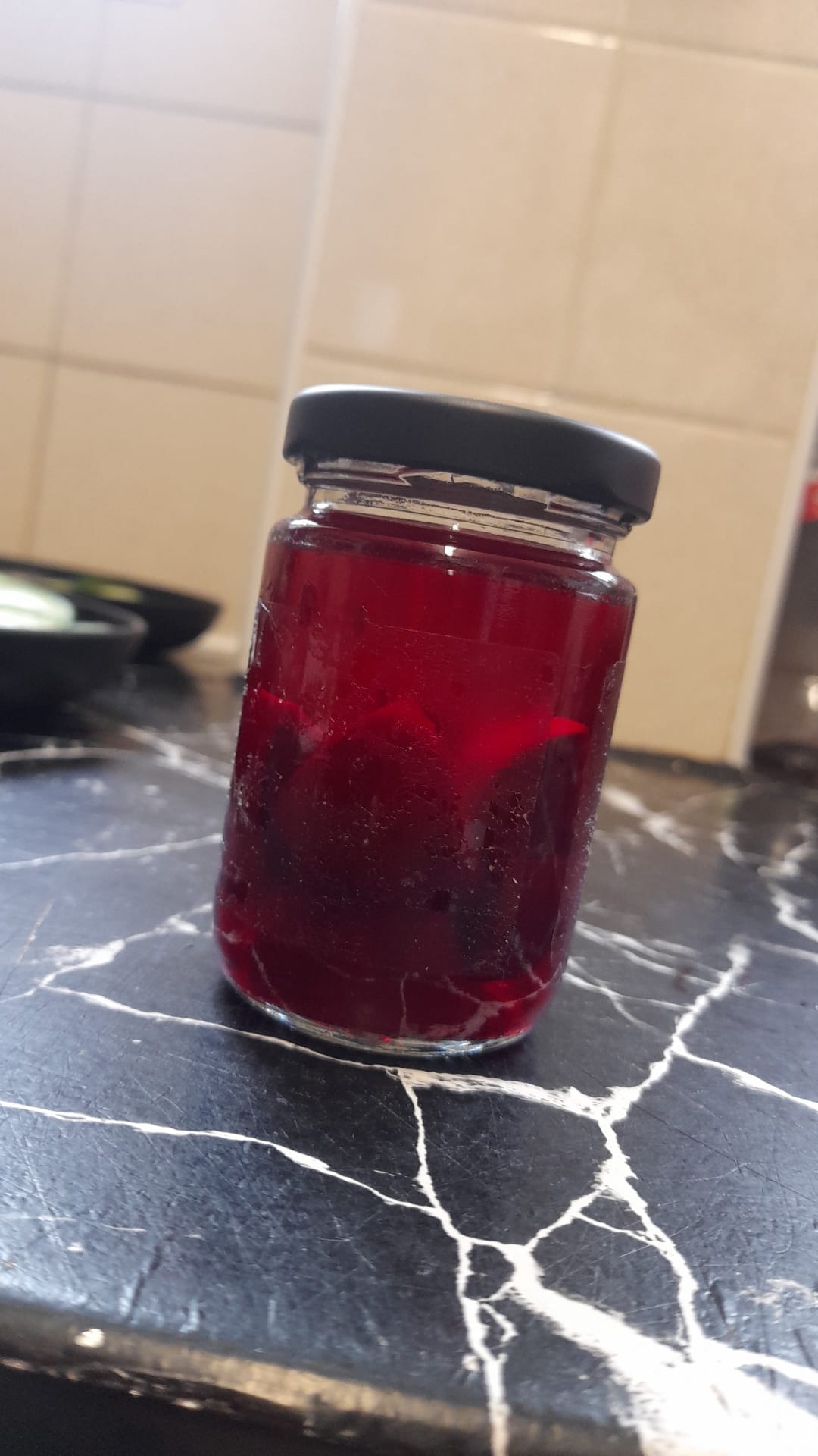 A small jar of pickled beetroot made by one of the parents